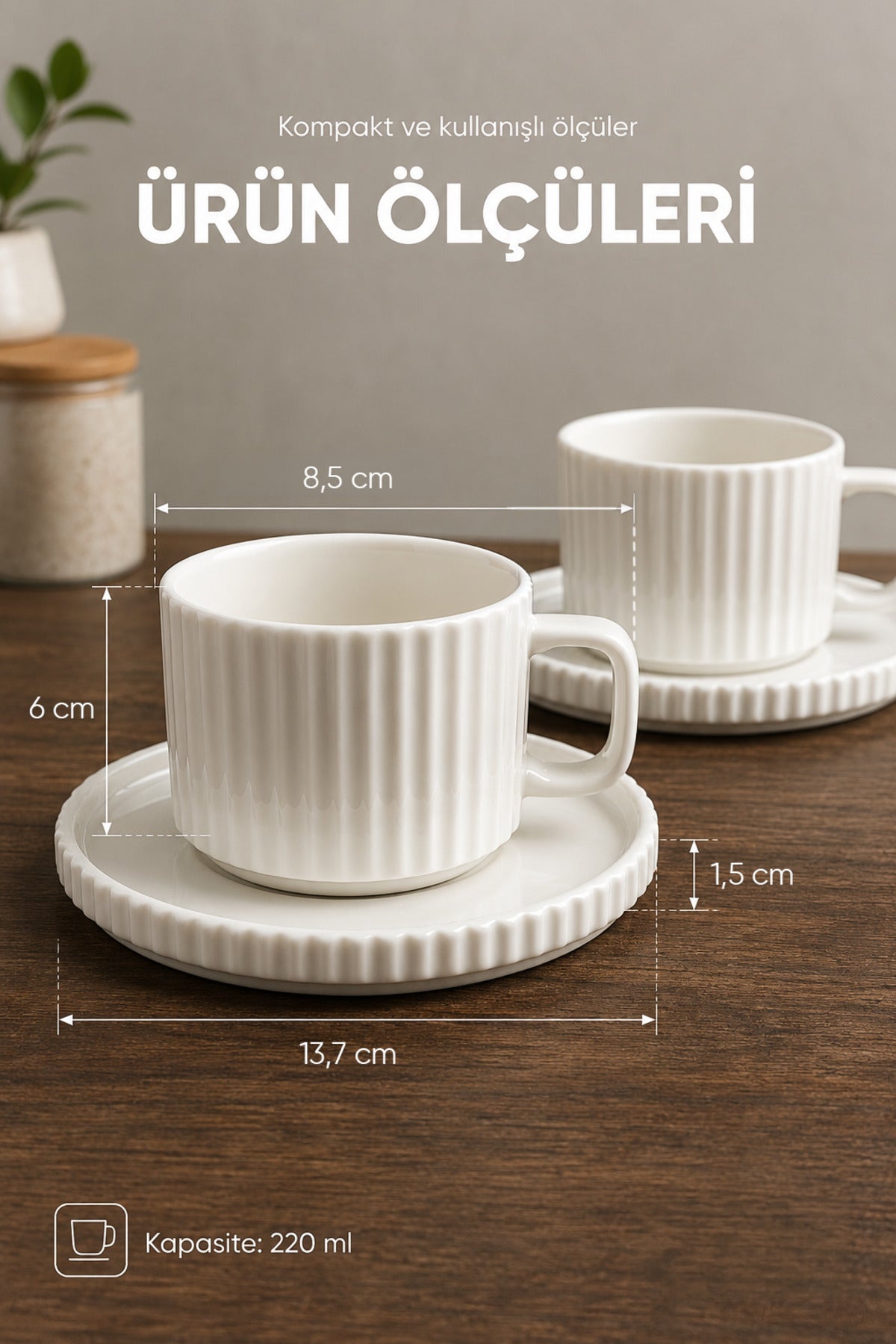 2 Kişilik Çizgili Beyaz Porselen Çay Fincanı Seti 220 ml Tabaklı Şık Çay Fincan Takımı