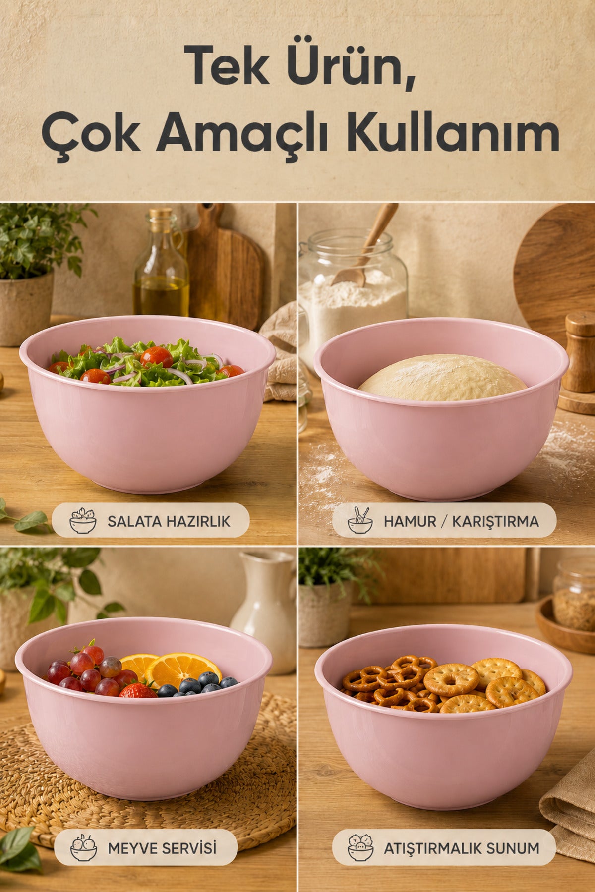 4'lü Karıştırma Ve Hazırlama Kabı Seti - Pudra Pembe - 1L 1.5L 2.3L 3.3L