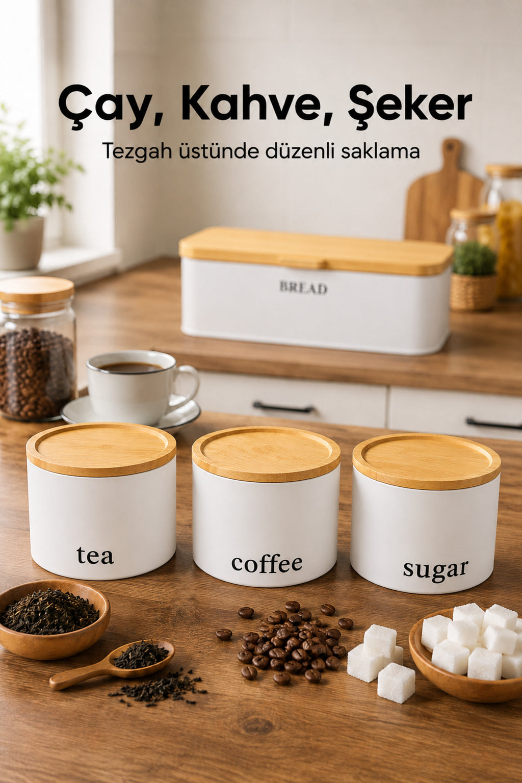 Dikdörtgen Ahşap Kapaklı Metal Ekmek Kutusu Ve 3lü Yuvarlak Çay Kahve Şeker Saklama Kabı Seti Beyaz