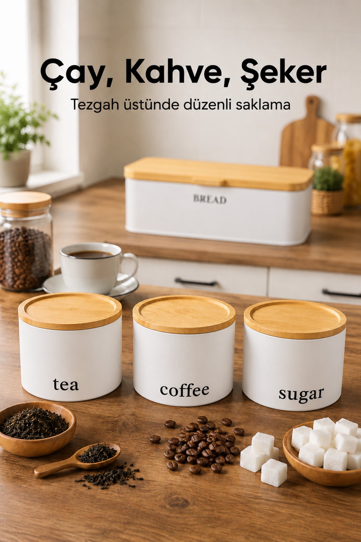 Dikdörtgen Ahşap Kapaklı Metal Ekmek Kutusu Ve 3lü Yuvarlak Çay Kahve Şeker Saklama Kabı Seti Beyaz