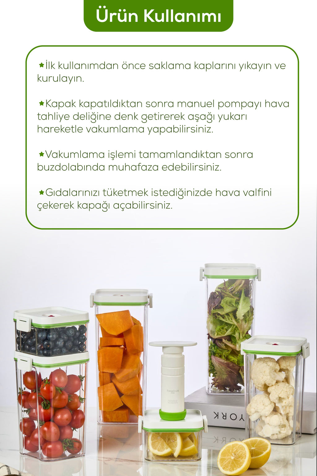 4'lü Vakumlu Saklama Kabı Seti | 3x 0,5 Litre Kap + Manuel Pompa