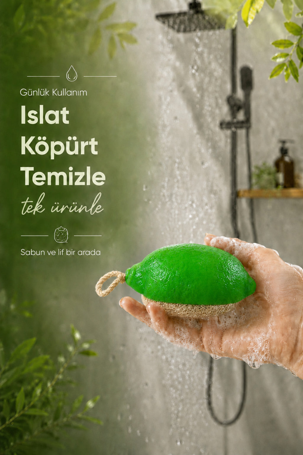 Yeşil Limon Şekilli Lifli Katı Sabun 10,5x8x4,4 cm Peeling Etkili Asılabilir Dekoratif Banyo El Sabunu