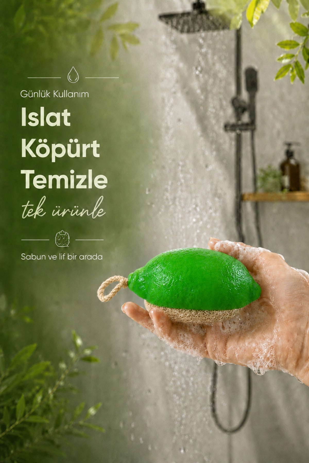 Yeşil Limon Şekilli Lifli Katı Sabun 10,5x8x4,4 cm Peeling Etkili Asılabilir Dekoratif Banyo El Sabunu