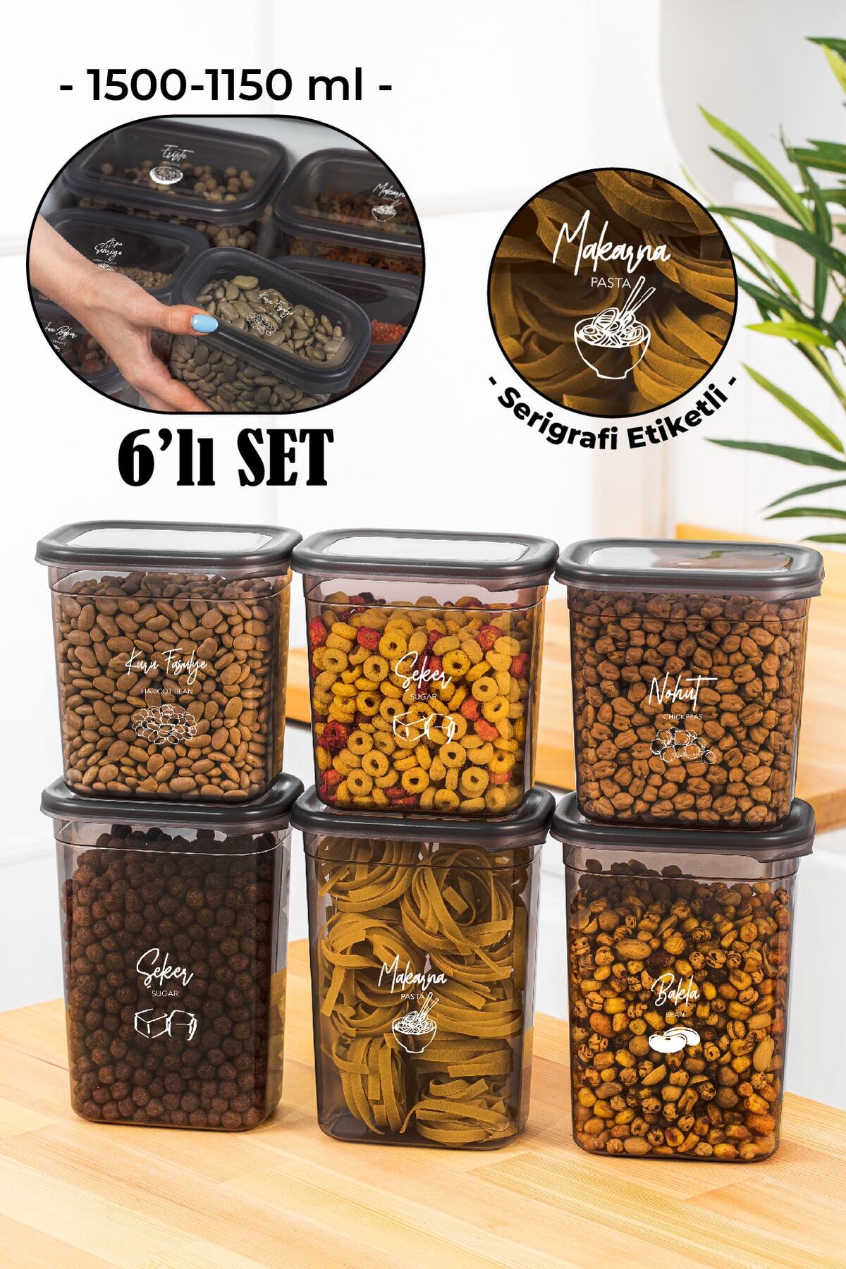 Beyaz Serigrafi Etiketli 6lı Peggy Dikdörtgen Saklama Kabı Seti 3x(1500-1150 Ml) Antrasit