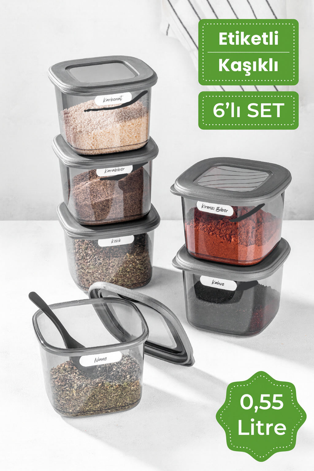 Etiketli Kaşıklı Kare Erzak Saklama Kabı 6'lı Set Küçük Boy 0,55 Litre Antrasit