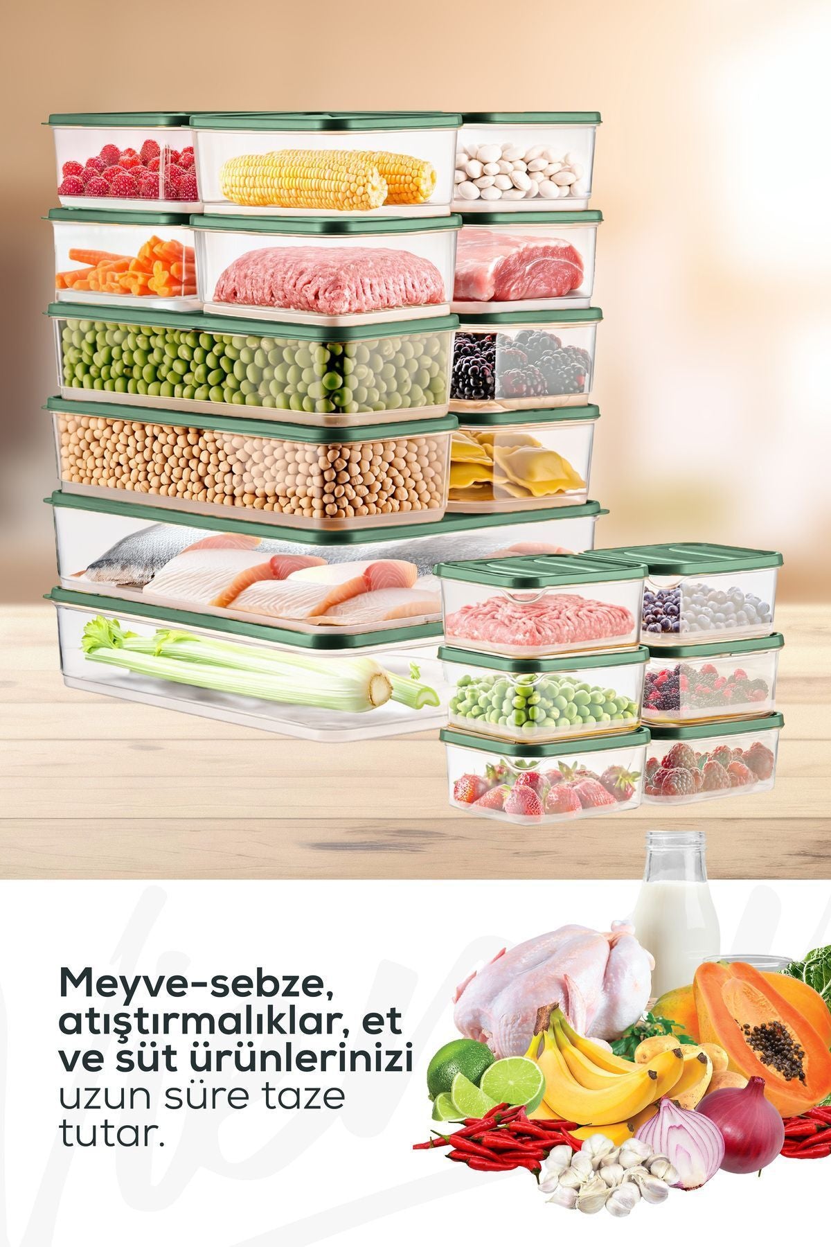 20'li Buzdolabı Düzenleyici Organizer Mikrodalgaya Uygun Difriz Saklama Kabı Yeşil