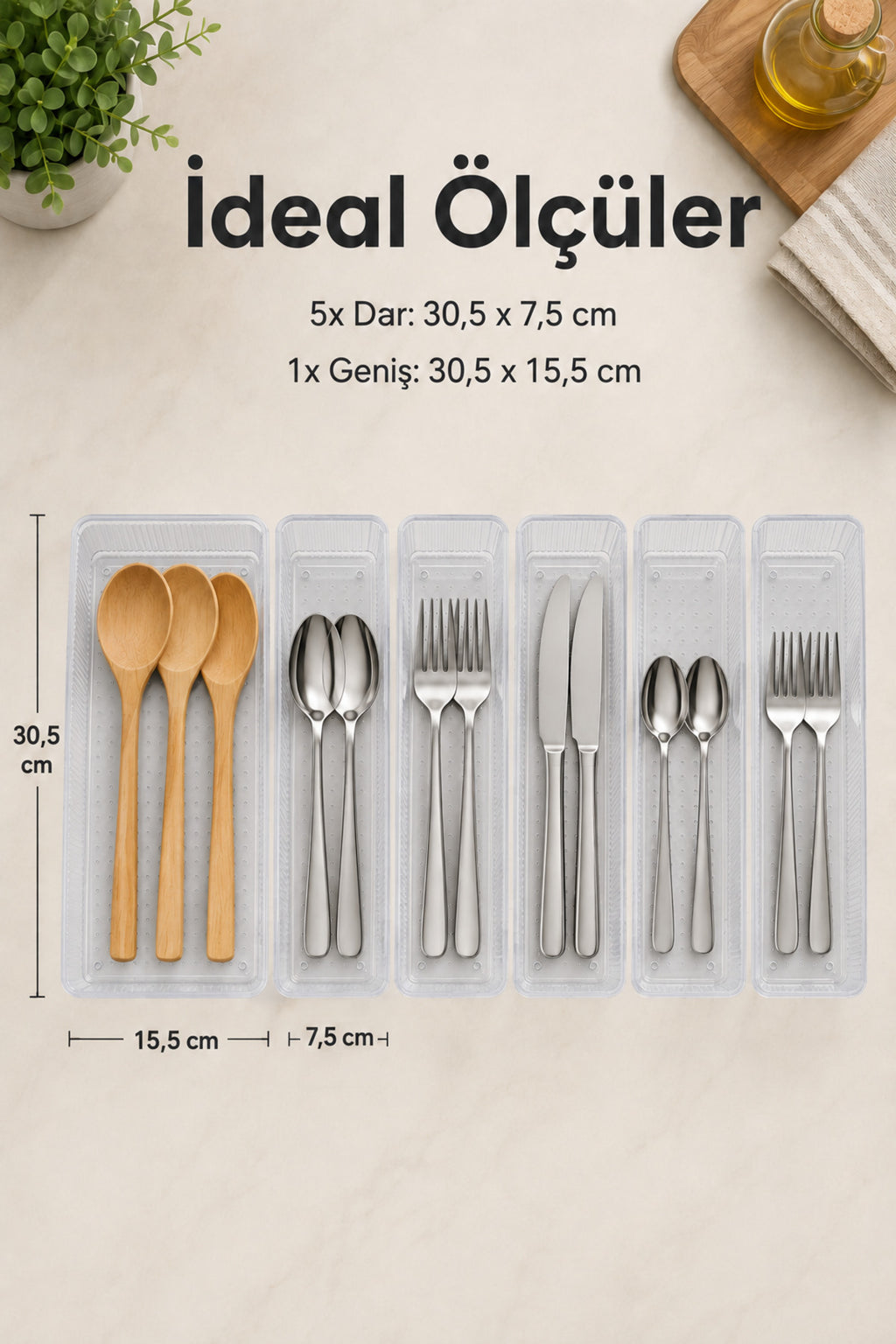 6'lı Modüler Şeffaf Kaşıklık Seti Çekmece İçi Mutfak Çatal Kaşık Bıçak Düzenleyici Organizer (1E5F)