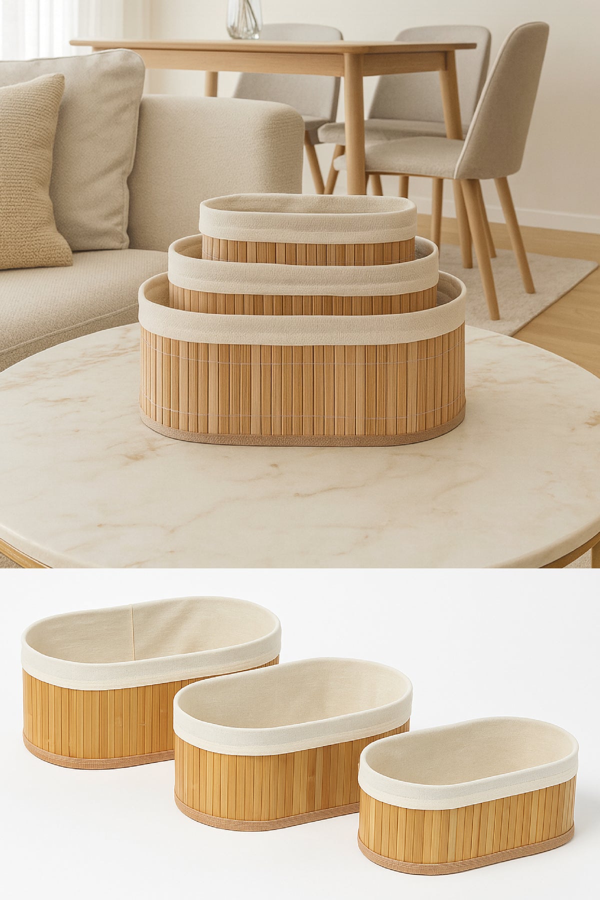 Bambu Hasır Oval 3'lü Organizer Sepet Seti - Çok Amaçlı Düzenleyici