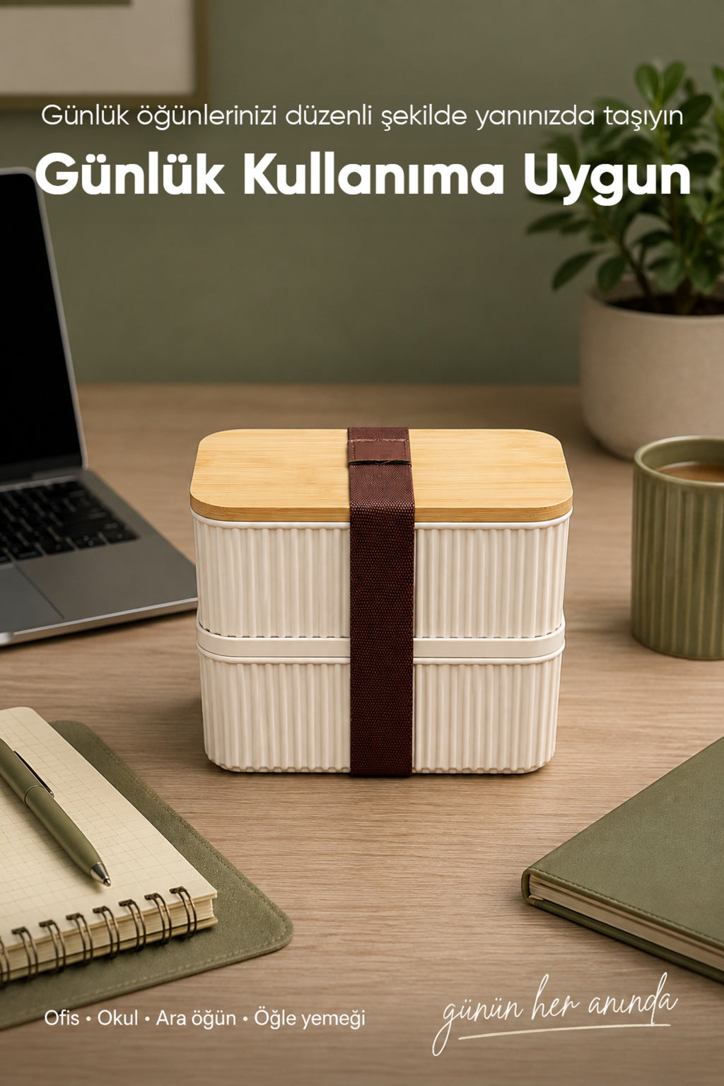 2'li 500 ml Dikdörtgen Fitilli Desenli Bantlı Saklama Kabı Bambu Kapaklı Taşınabilir Beslenme Seti