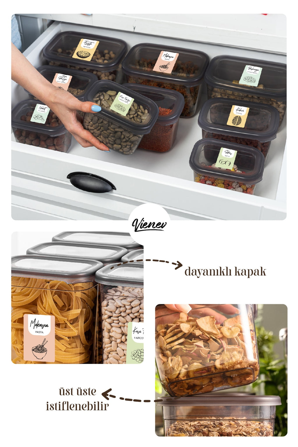 Renkli Etiketli 6lı Peggy Dikdörtgen Saklama Kabı Seti 3x(1500-1150 Ml) Antrasit
