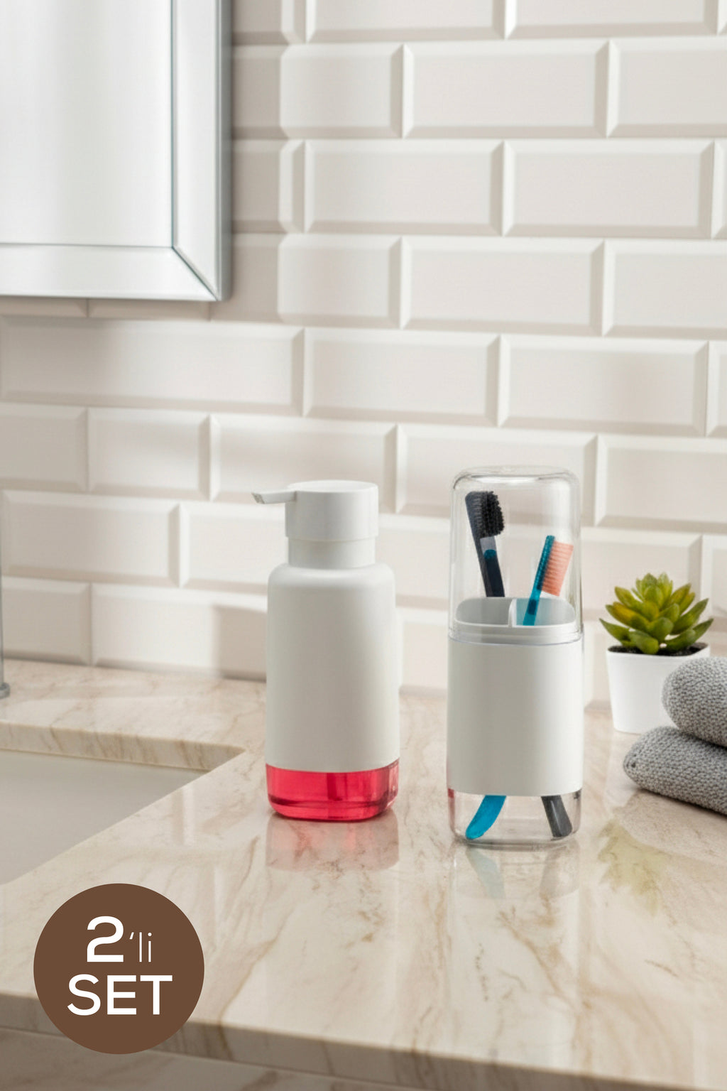 Modern Diş Fırçalık ve Sıvı Sabunluk Beyaz 500 ml | Banyo Seti