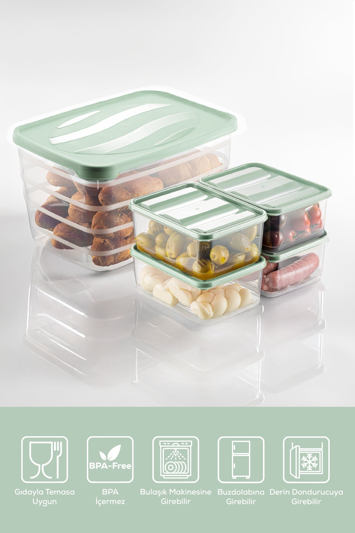 5'li Set Dondurucu ve Mikrodalgaya Uygun Buzdolabı Düzenleyici 1x(5 Litre) 4x(775 ml) Mint Yeşili