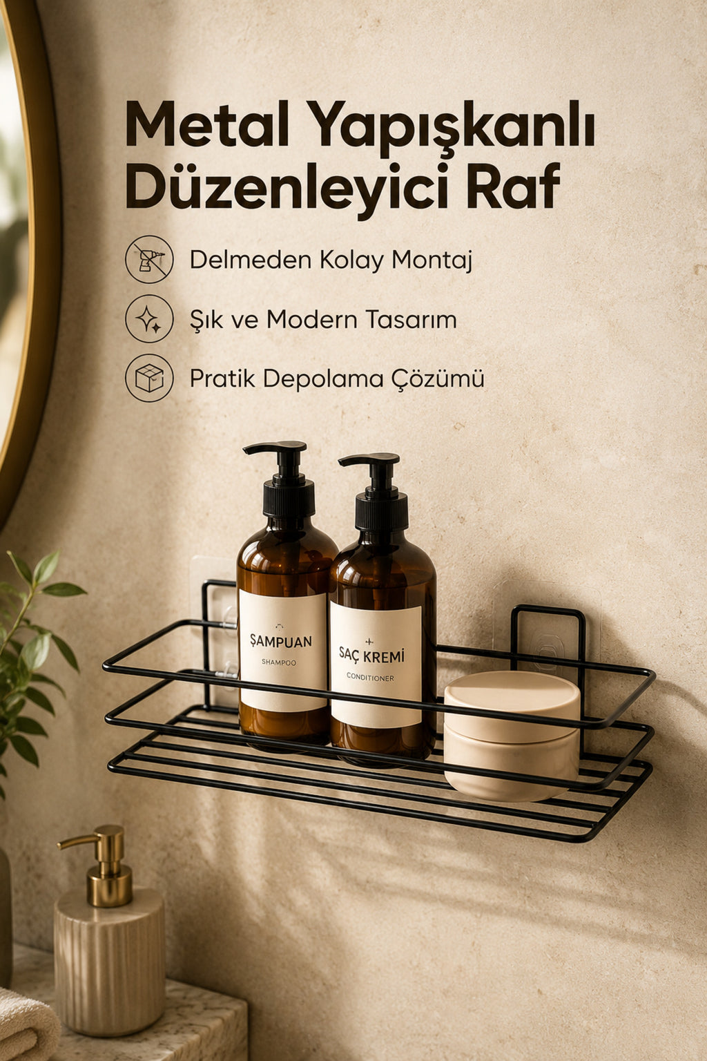 Banyo ve Mutfak İçin Paslanmaz Siyah Metal Yapışkanlı Düzenleyici Raf