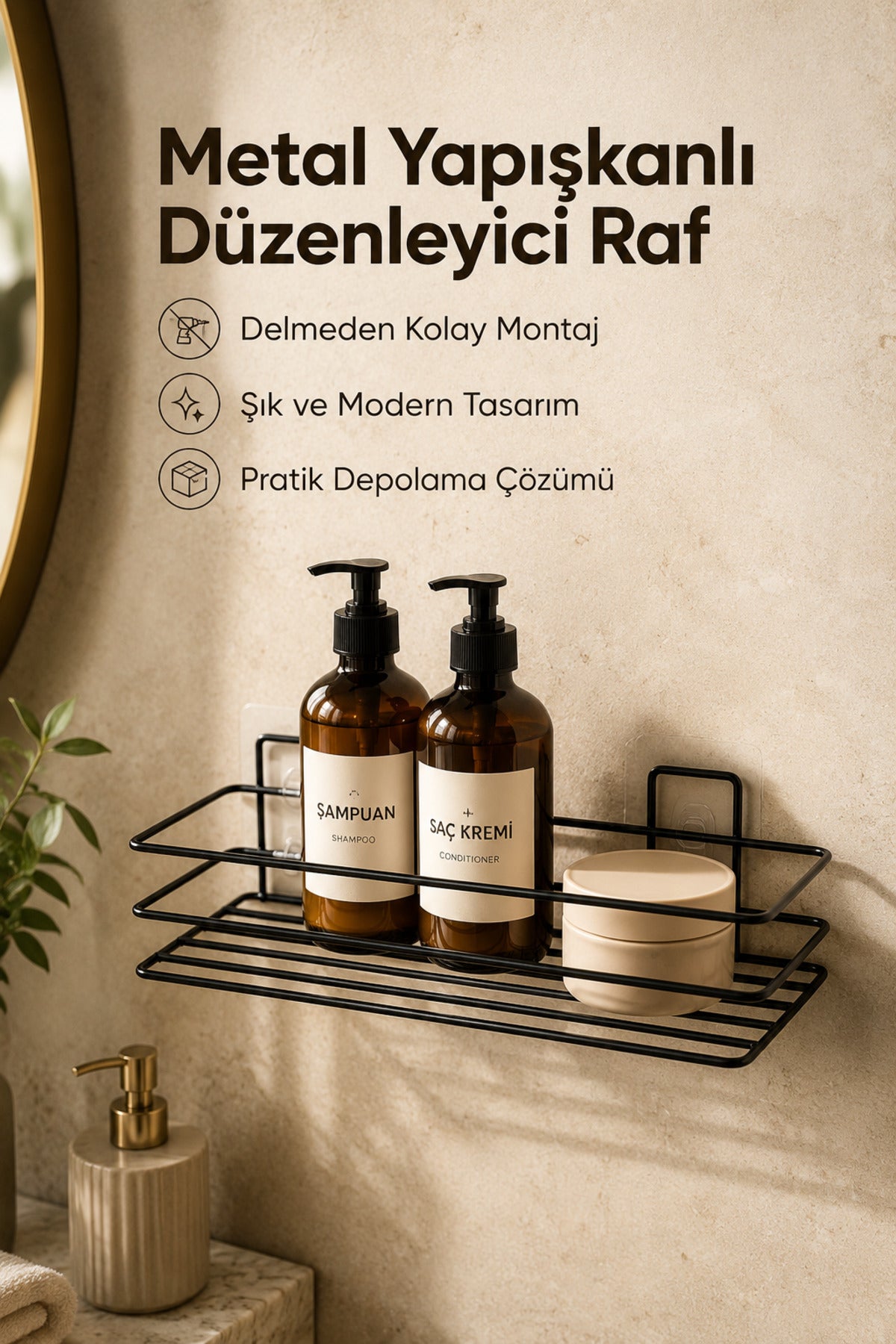 Banyo ve Mutfak İçin Paslanmaz Siyah Metal Yapışkanlı Düzenleyici Raf