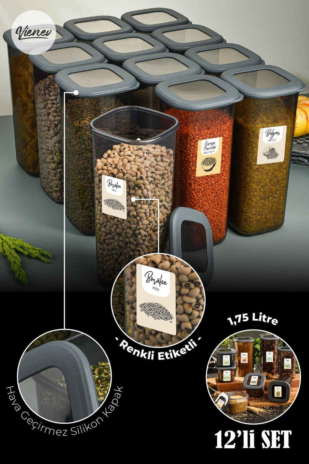 Renkli Etiketli 12li Foly Kare Erzak Saklama Kabı 1,75 Litre Antrasit