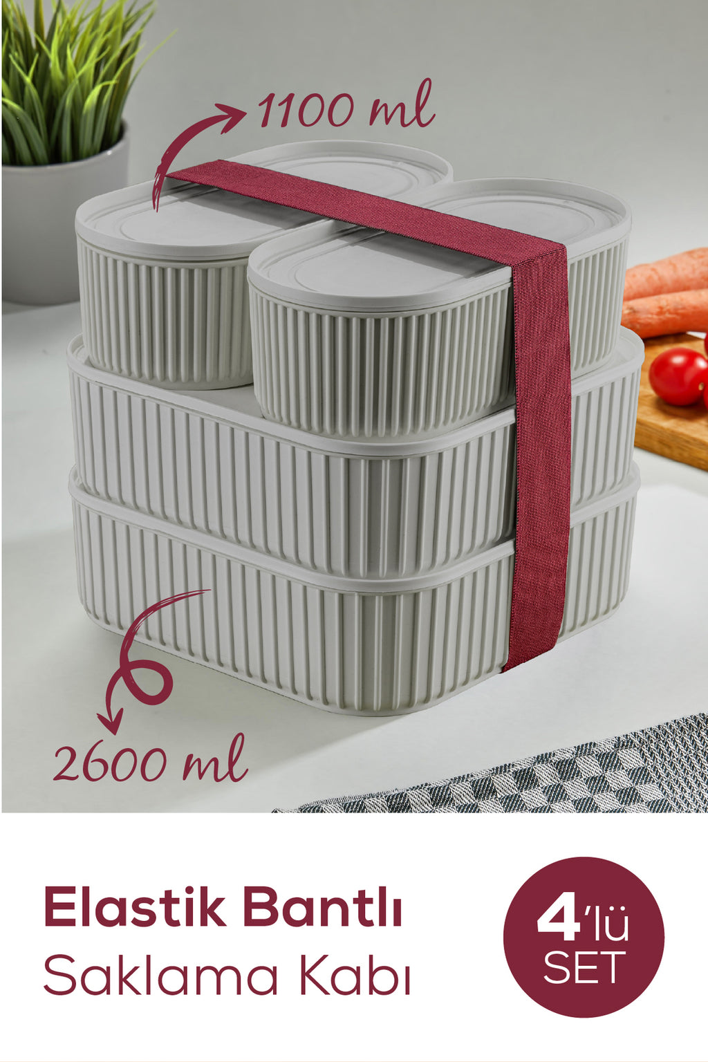 4'lü Elastik Bantlı İstiflenebilir Pratik Saklama Kabı Seti 2x(1100 ml) 2x(2400 ml) Gri