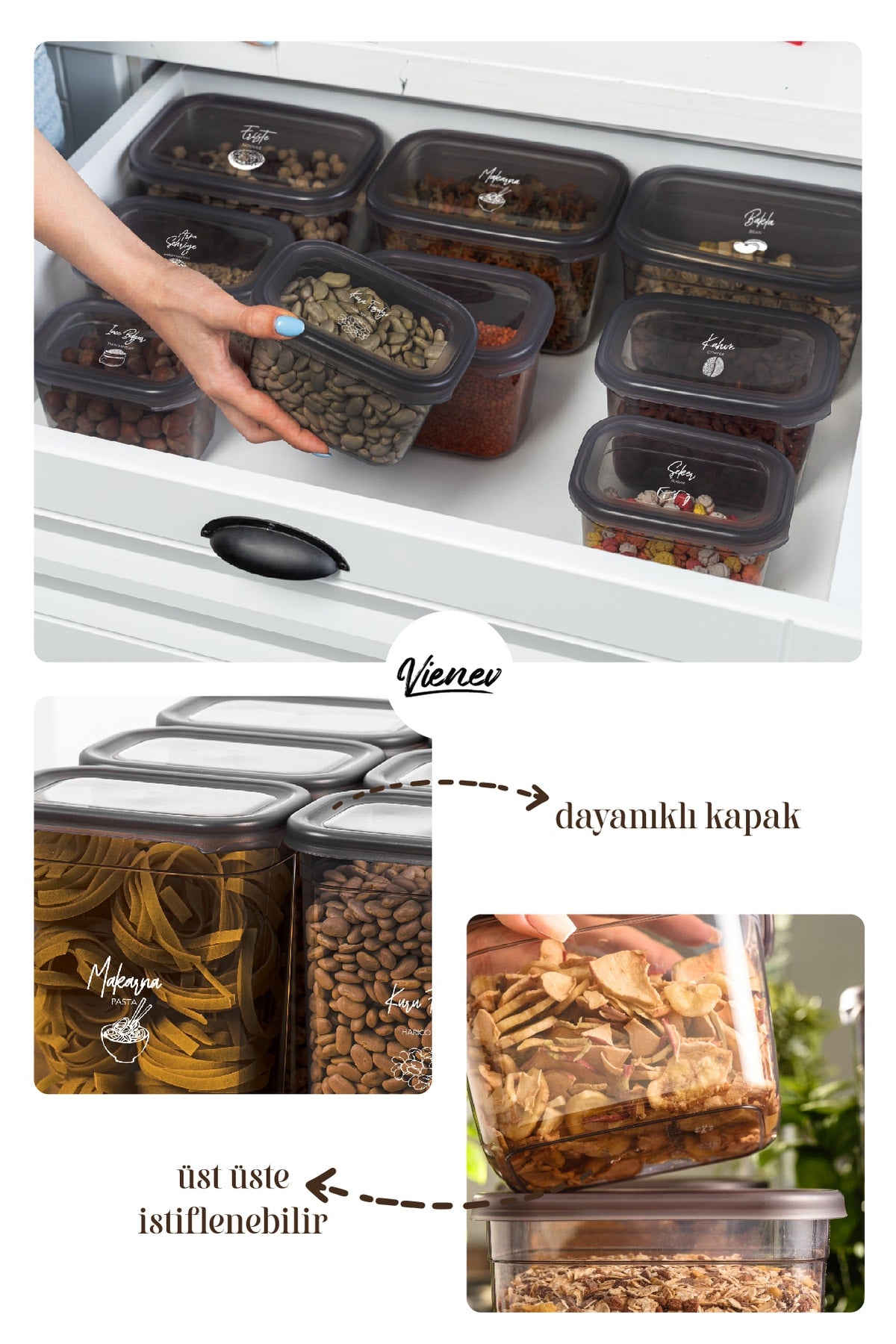 Beyaz Serigrafi Etiketli 6lı Peggy Dikdörtgen Saklama Kabı Seti 1500 Ml Antrasit