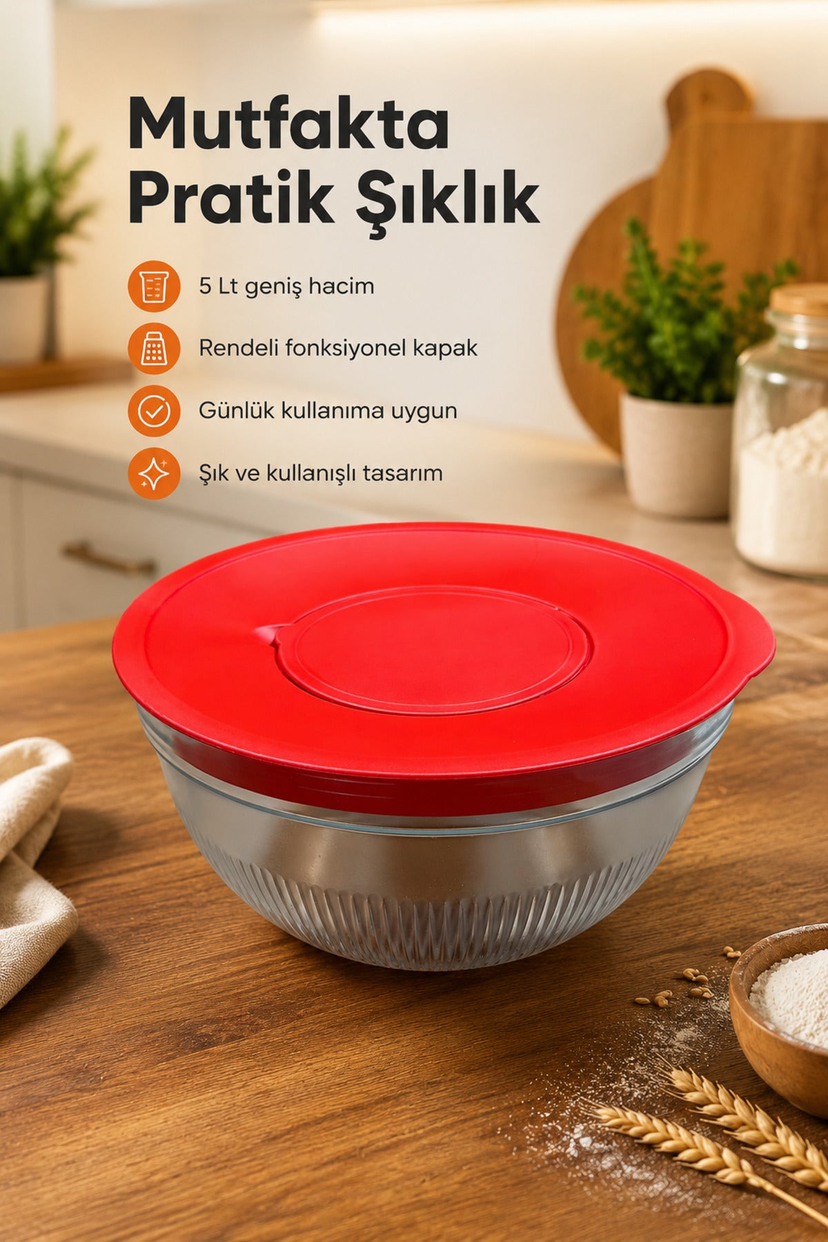 5 Lt Rendeli Mikser Kabı Çok Amaçlı Kapaklı Cam Kase Hazırlama Karıştırma Kabı