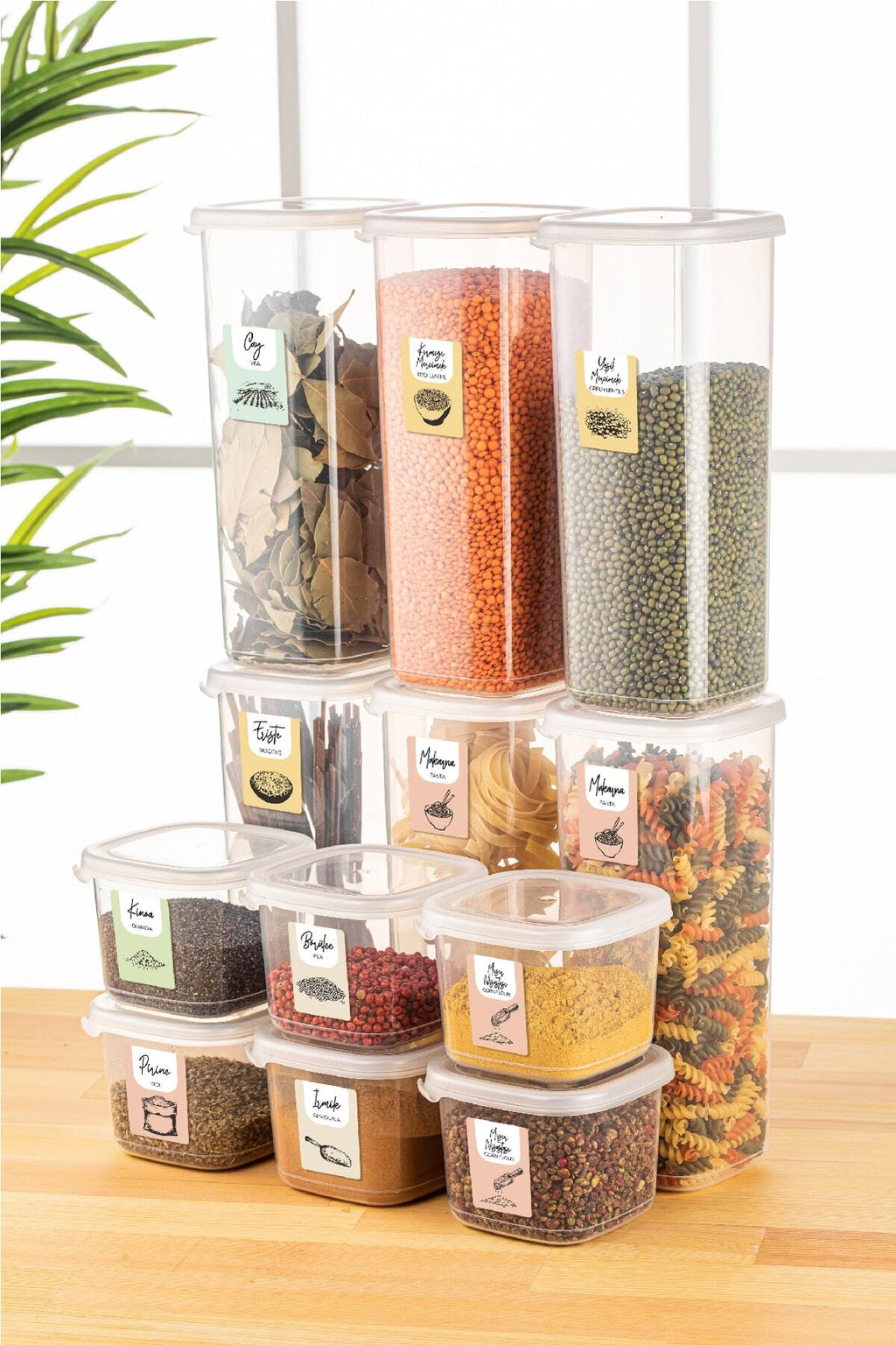 Renkli Etiketli 12li Peggy Kare Erzak Saklama Kabı 6x(0,55 Litre, 1,75 Litre) Beyaz