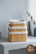 3'lü Set Kare Bambu Organizer Sepet | Banyo Mutfak Dolap İçi