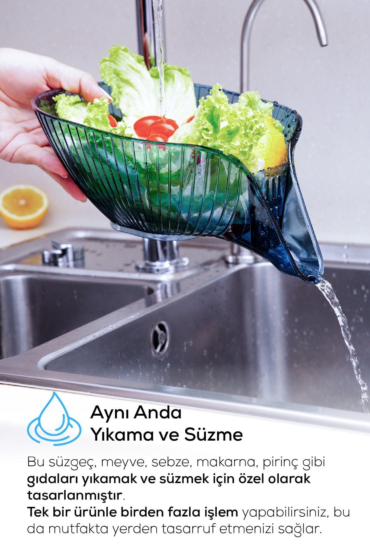 Meyve Sebze Yıkama Süzme Süzgeci - Makarna Pirinç Süzgeci Mavi