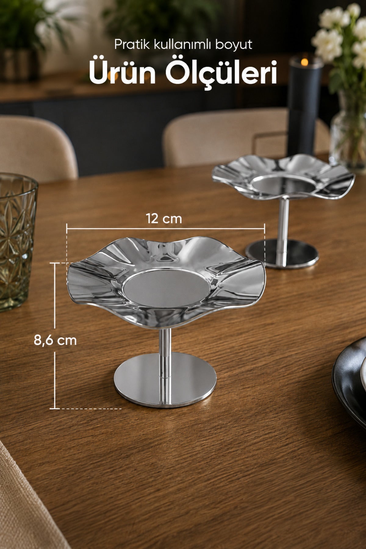 2'li Gümüş Renk Dalgalı Metal Sunum Standı - Şık ve Dekoratif İkramlık Standı