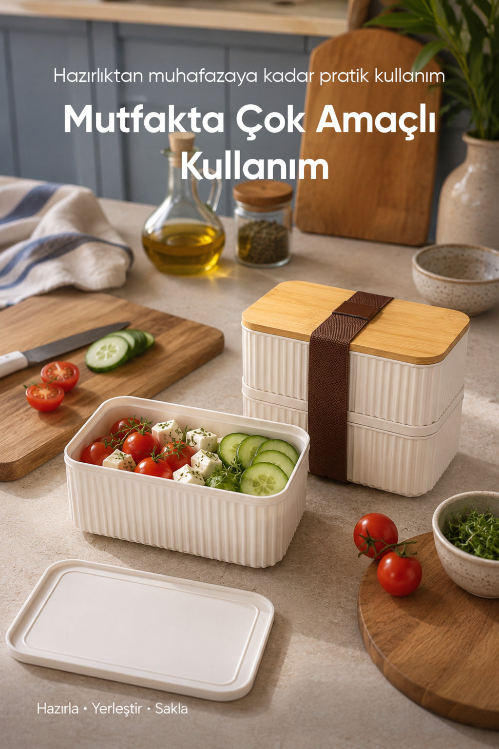 2'li 500 ml Dikdörtgen Fitilli Desenli Bantlı Saklama Kabı Bambu Kapaklı Taşınabilir Beslenme Seti