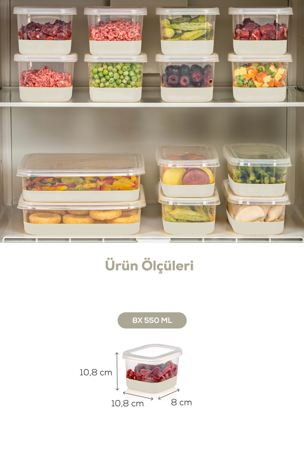 8 Parça 550 ml Yumuşak Tabanlı Derin Dondurucu - Difriz Saklama Kabı Beyaz