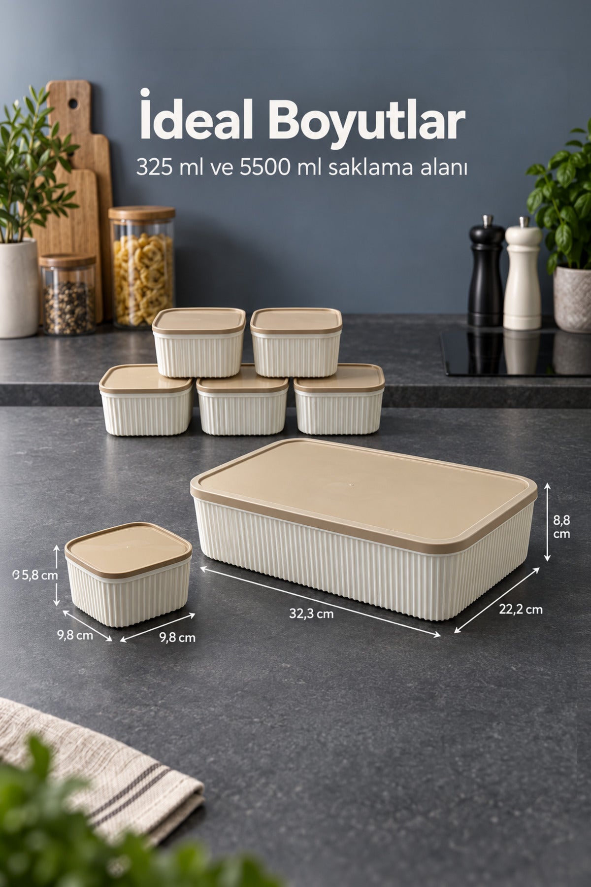 7'li Saklama Kabı Seti 6x325 ml Kare 1x5500 ml Dikdörtgen Saklama Kabı Seti Mutfak ve Buzdolabı Düzenleyici
