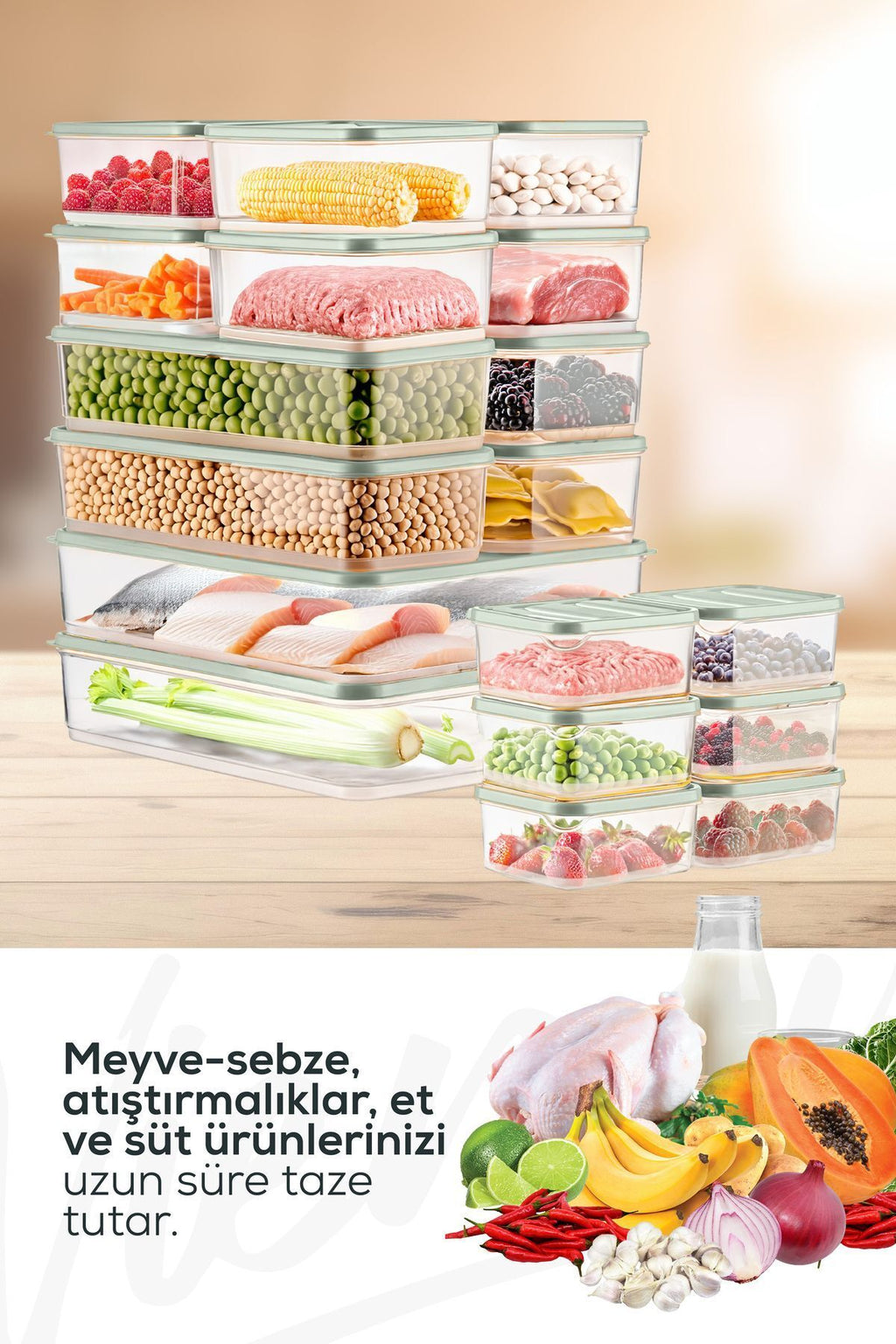 20'li Buzdolabı Düzenleyici Organizer Mikrodalgaya Uygun Difriz Saklama Kabı Mint
