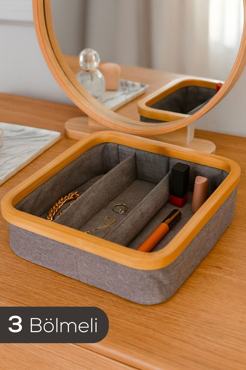 Ahşap Çerçeveli 3 Bölmeli Kumaş Makyaj ve Kozmetik Organizer