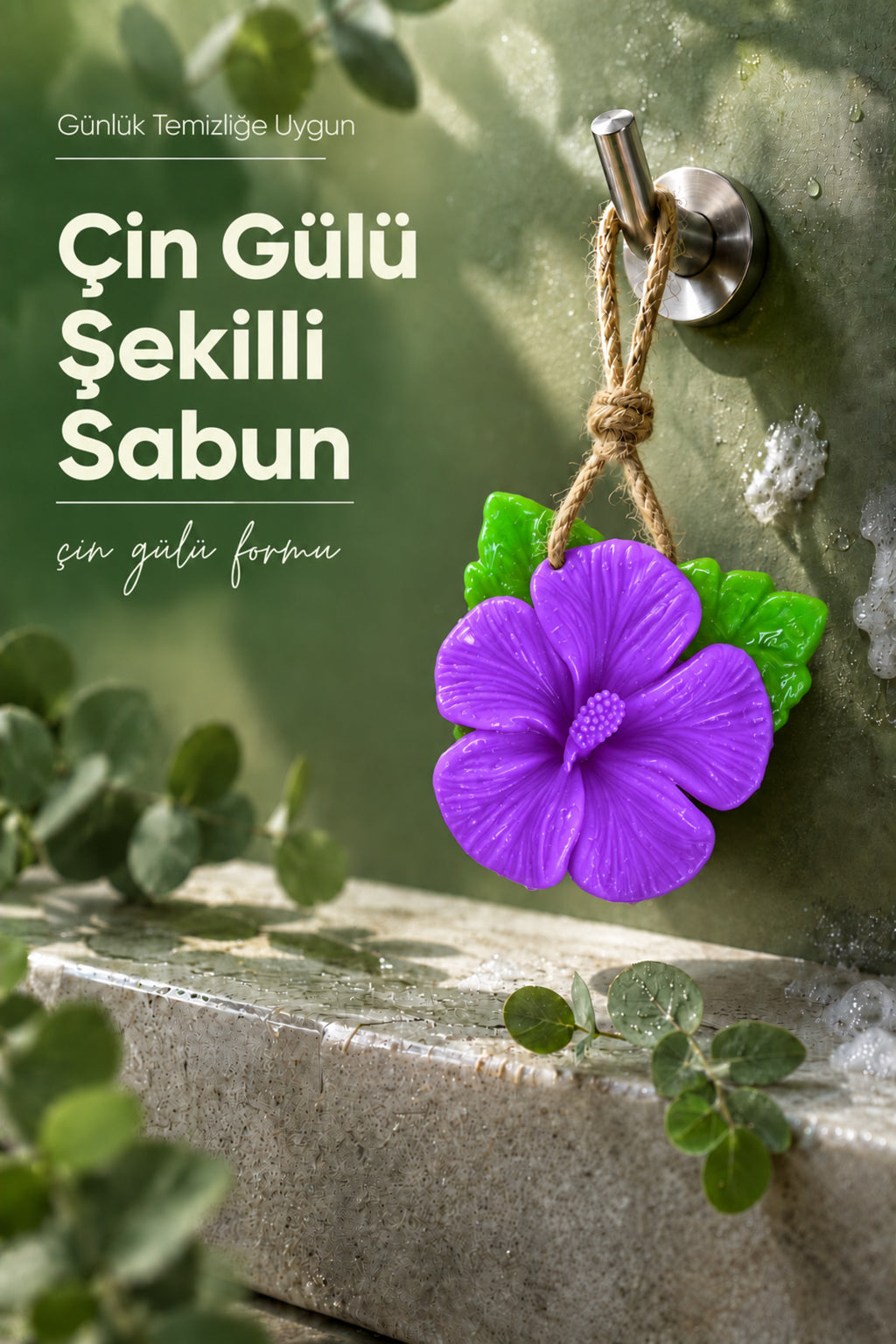 Mor Çin Gülü Şekilli Katı Sabun 10x10 cm Asılabilir Dekoratif Banyo El Sabunu