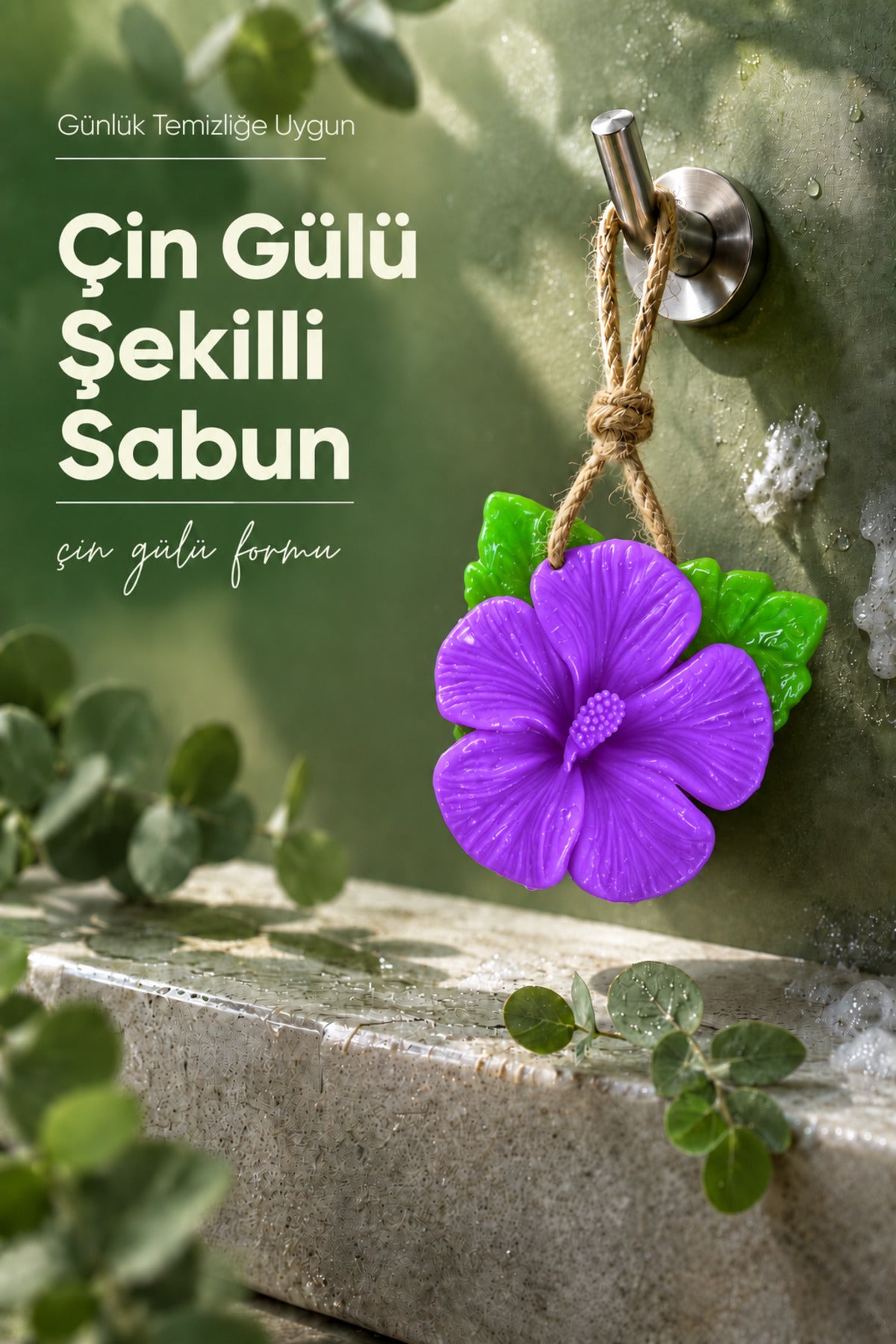 Mor Çin Gülü Şekilli Katı Sabun 10x10 cm Asılabilir Dekoratif Banyo El Sabunu