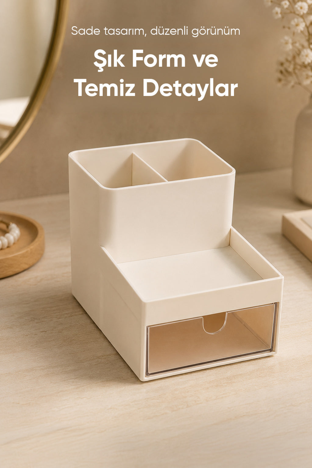 Tek Çekmeceli 2 Bölmeli Organizer Makyaj Kozmetik Masaüstü Düzenleyici Çok Amaçlı Saklama Kutusu