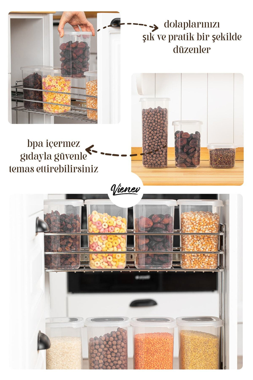Renkli Etiketli 6lı Peggy Kare Erzak Saklama Kabı 2x(0,55 Litre, 1,2 Litre, 1,75 Litre) Beyaz
