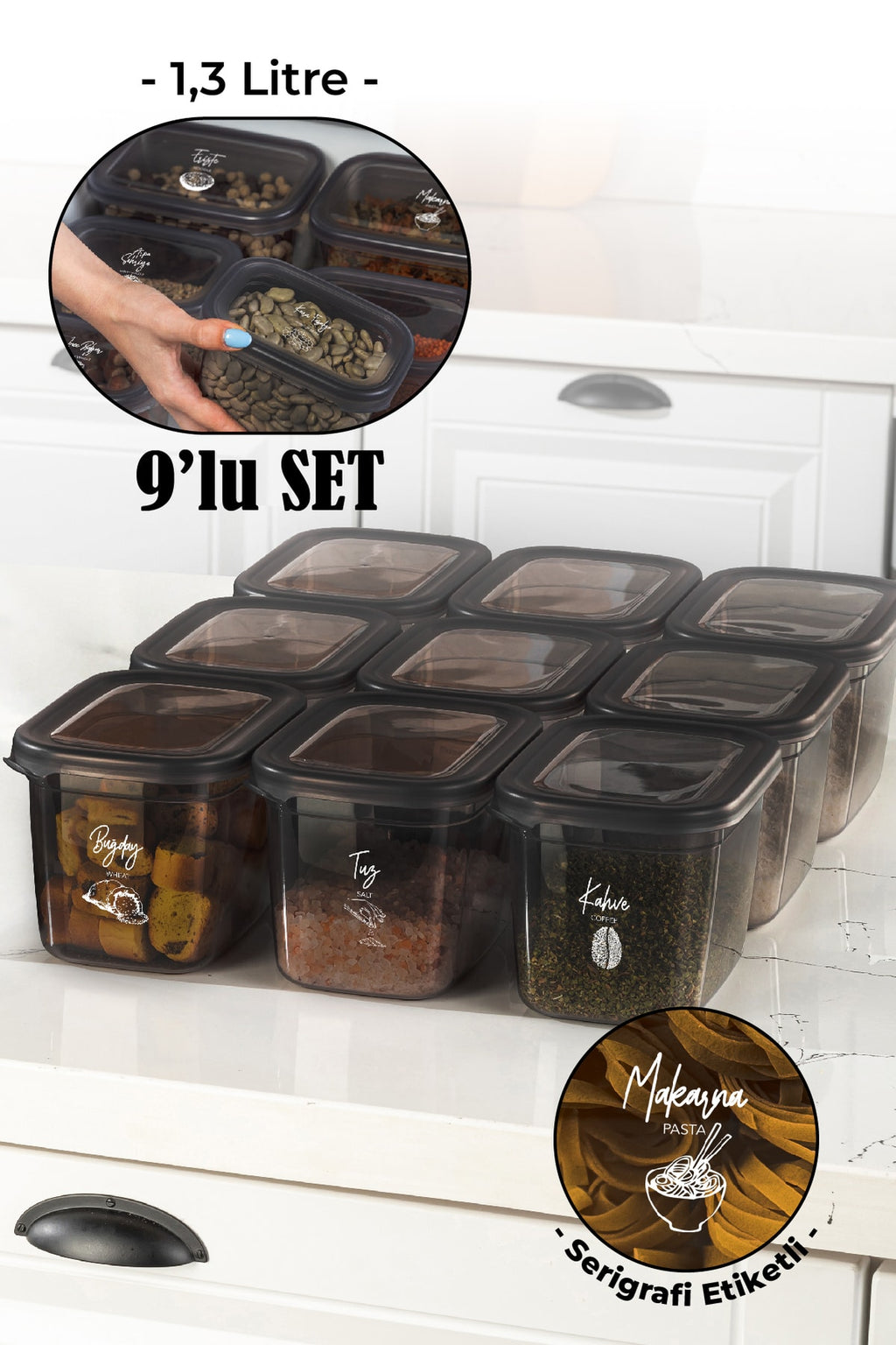 Beyaz Serigrafi Etiketli 9lu Set Peggy Şeffaf Kapaklı Uzun Dikdörtgen Saklama Kabı 1,3 Litre