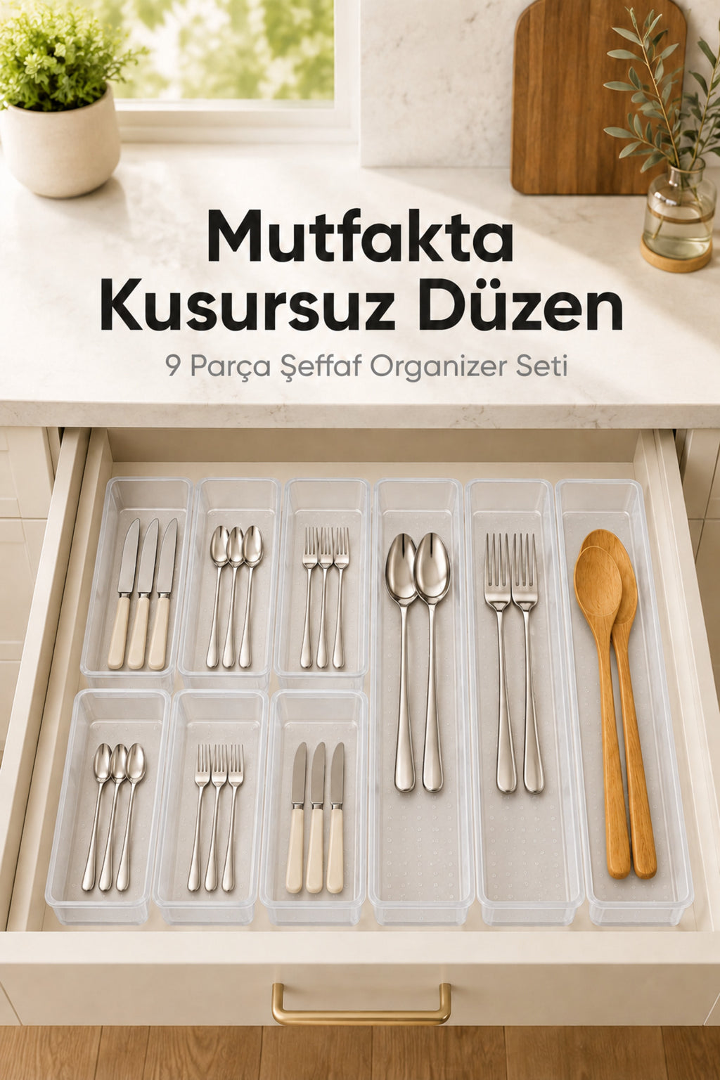9'lu Modüler Şeffaf Kaşıklık Seti Çekmece İçi Mutfak Çatal Kaşık Bıçak Düzenleyici Organizer (3F6C)