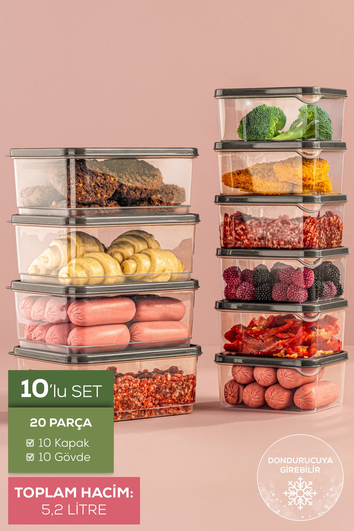 10'lu Buzdolabı Düzenleyici Organizer Mikrodalgaya Uygun Difriz Saklama Kabı Gri