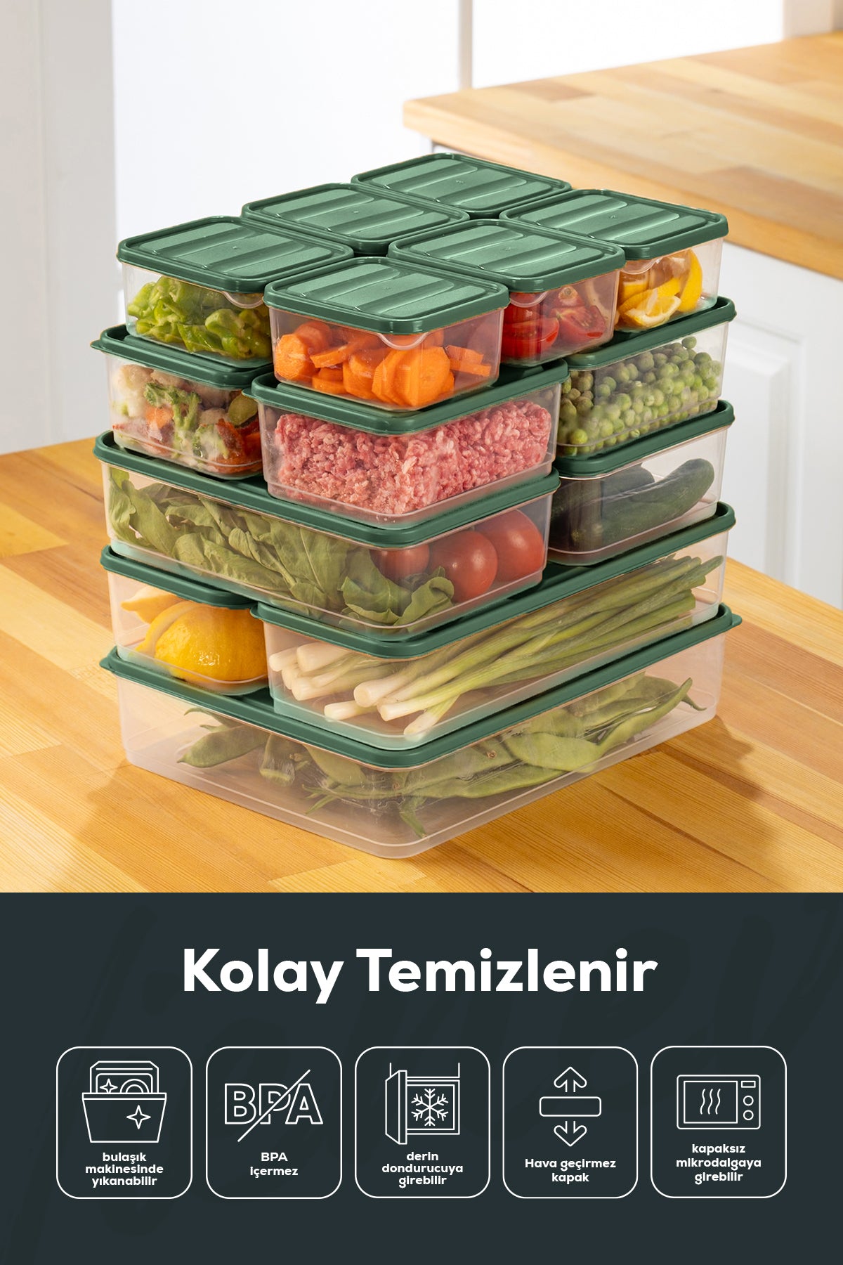15'li Buzdolabı Düzenleyici Organizer Mikrodalgaya Uygun Difriz Saklama Kabı Yeşil