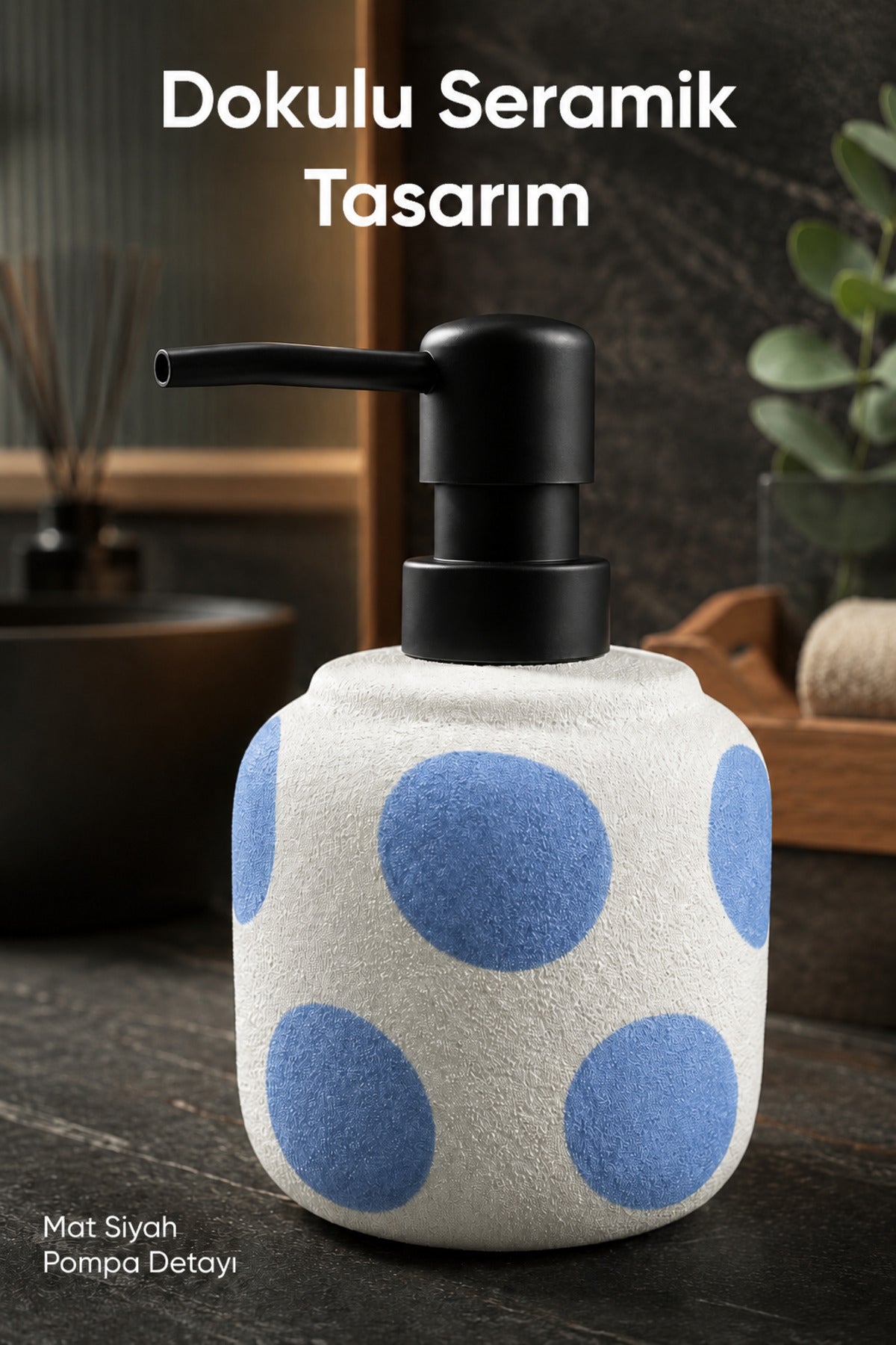 Mavi Puantiyeli Seramik Sıvı Sabunluk 380 ml Beyaz Lüks Banyo Mutfak Sıvı Sabunluk