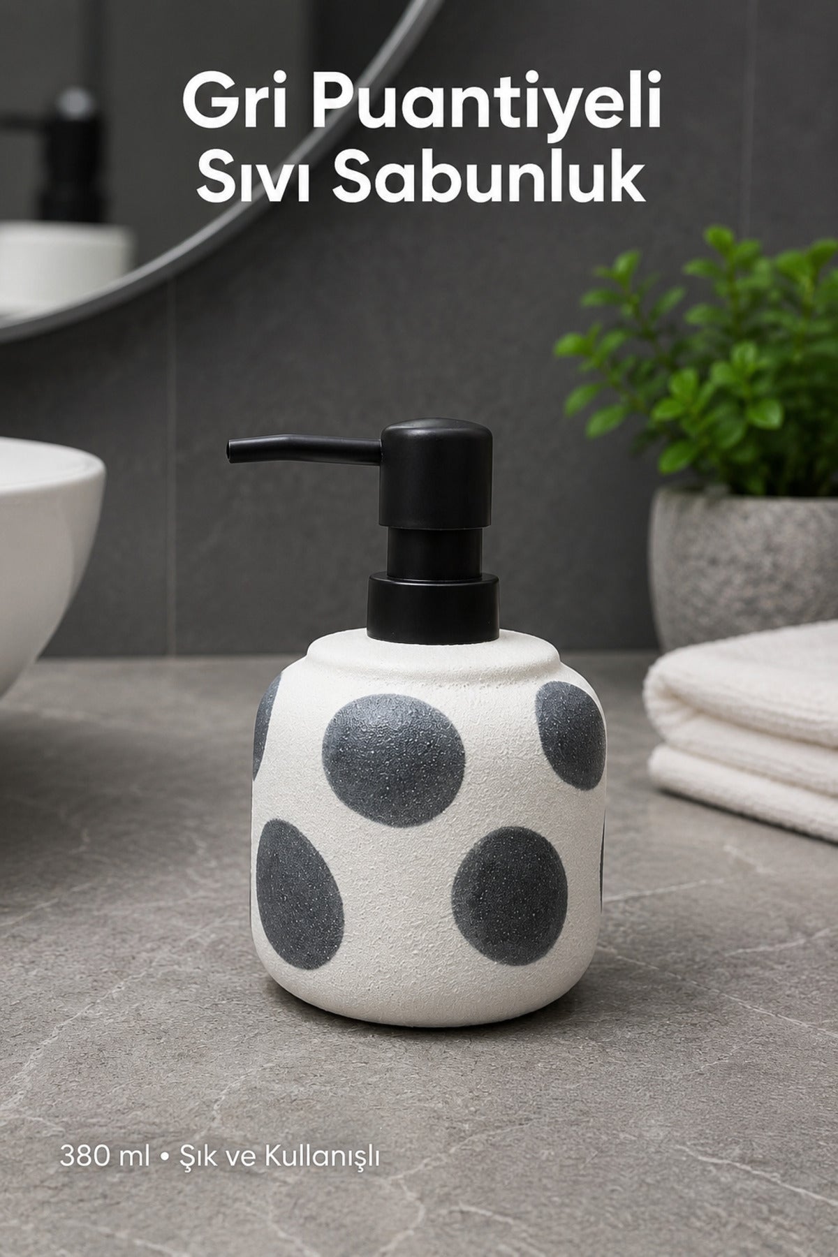 Gri Puantiyeli Seramik Sıvı Sabunluk 380 ml Beyaz Lüks Banyo Mutfak Sıvı Sabunluk