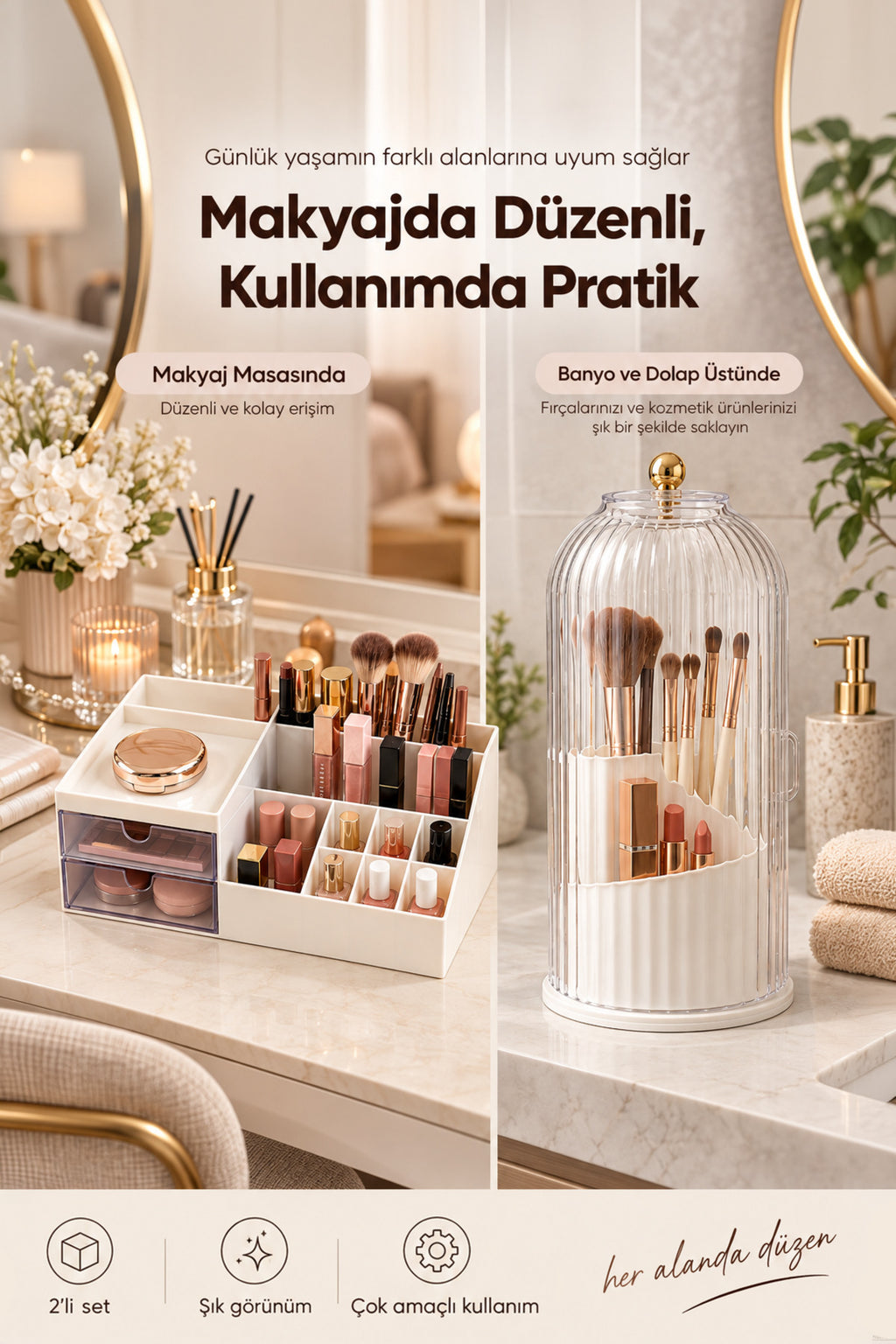 2'li Makyaj Düzenleyici Seti Fanus Kapaklı Fırçalık ve 11 Bölmeli Çekmeceli Kozmetik Organizer Seti