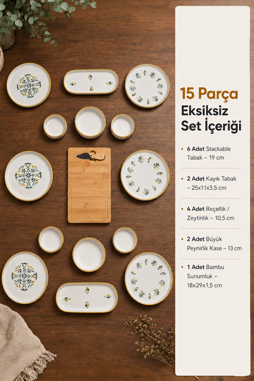 15 Parça Bambu Sunumluklu Klasik Kahvaltı Takımı Seti