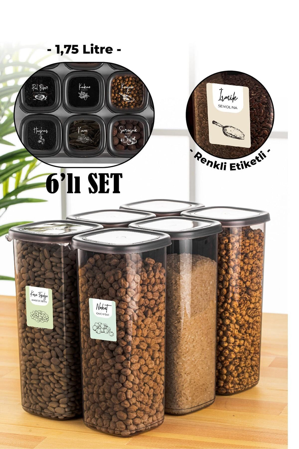 Renkli Etiketli 6lı 1,75 Litre Peggy Kare Erzak Saklama Kabı Antrasit