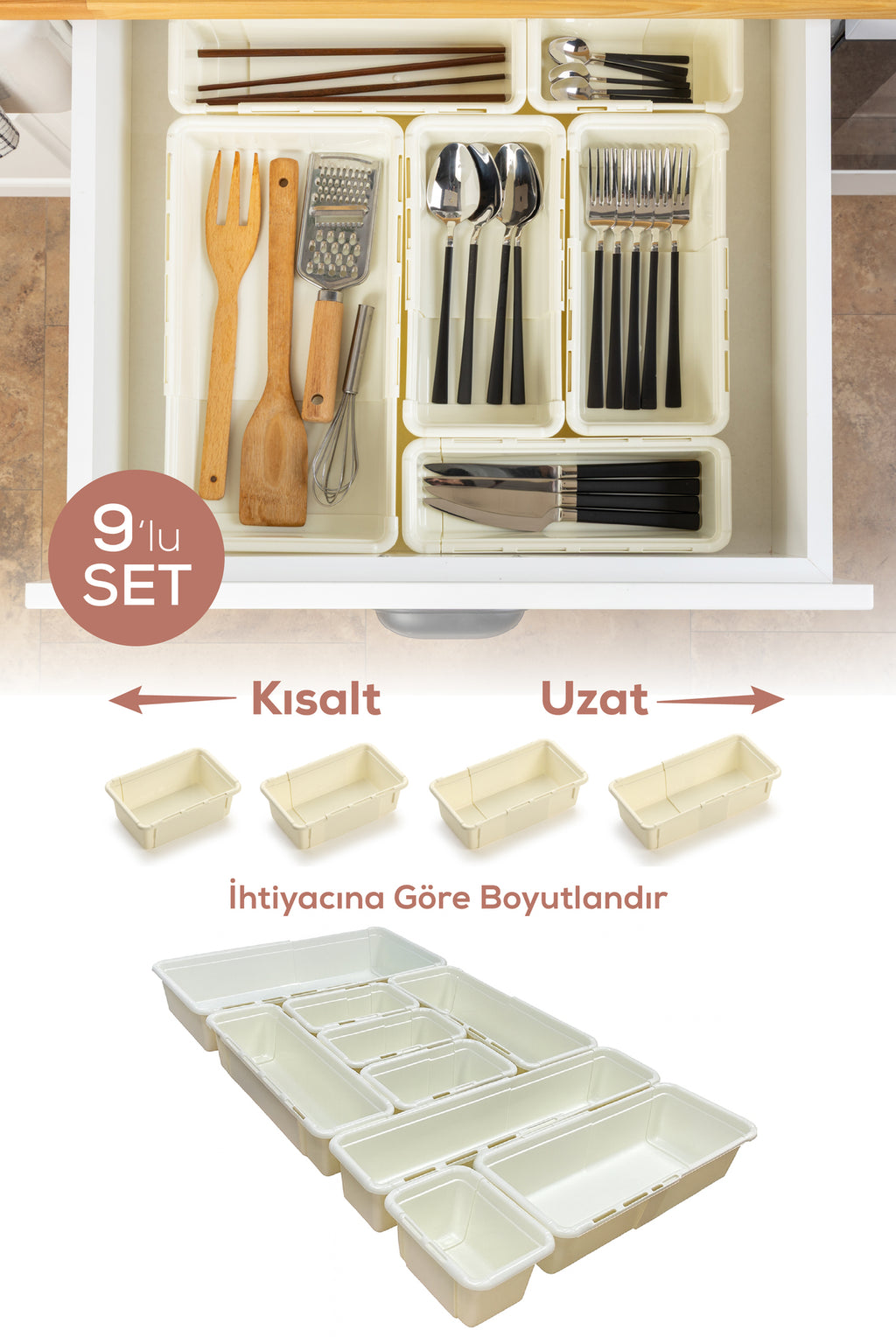 9'lu Set Ayarlanabilir Çekmece Içi Düzenleyici Kutu – Uzayıp Kısalabilen Organizer Seti (4A2B2C1D)