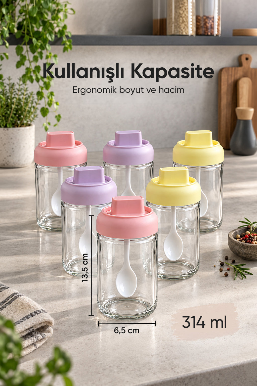 6'lı Kaşıklı Kapaklı Cam Baharatlık Seti 314 ml Çok Renkli