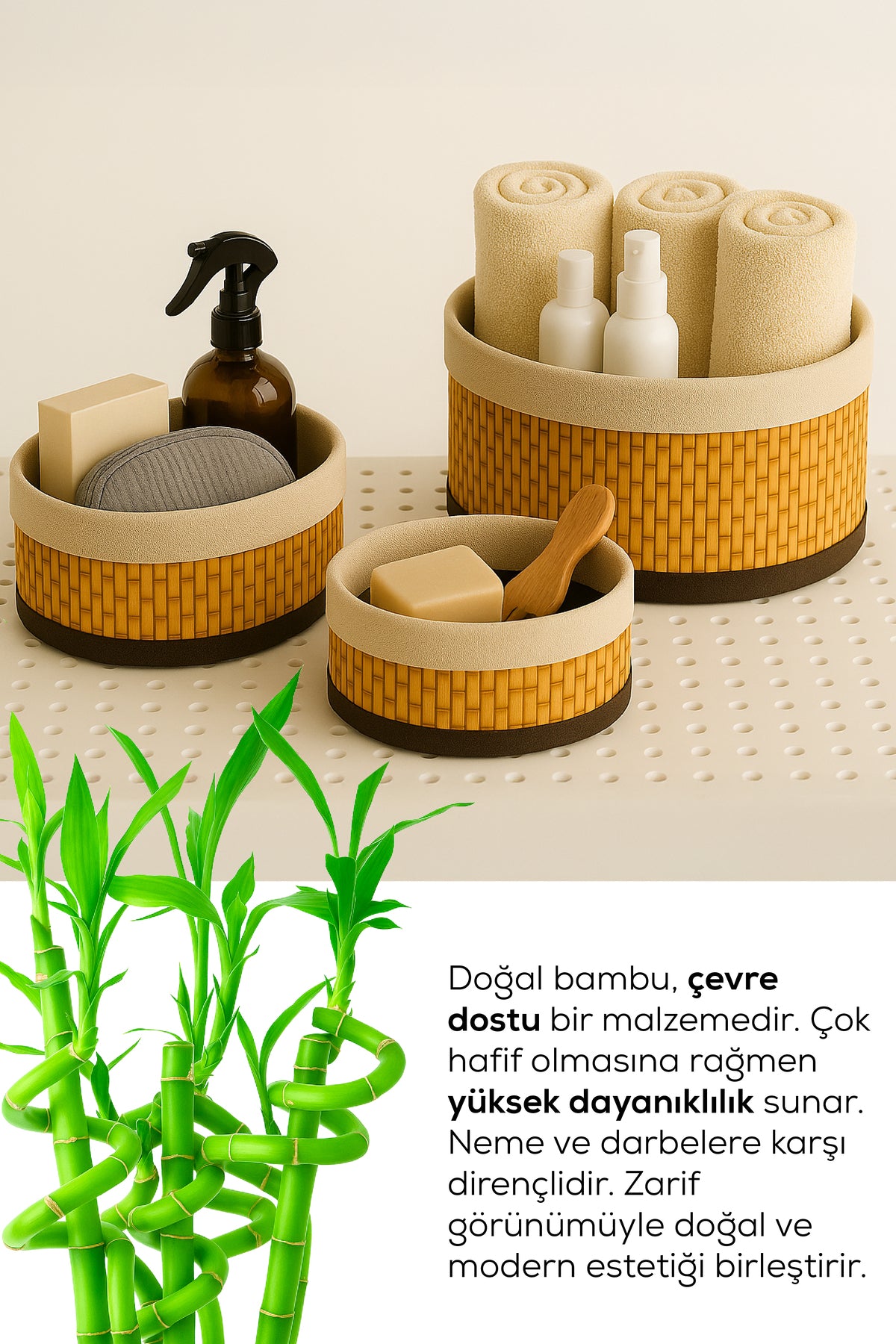 Bambu Hasır Yuvarlak 3'lü Organizer Sepet Seti - Çok Amaçlı Düzenleyici