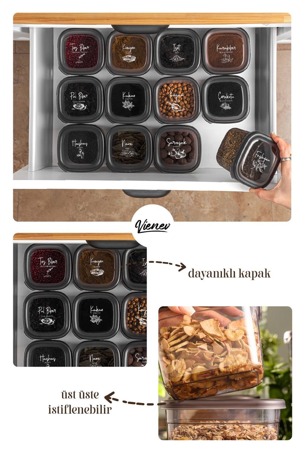 15'li Etiketli Kaşıklı Baharat Saklama Kabı Seti Çeyiz Paketi Full Set 5x(0,40, 0,45, 0,55 L)