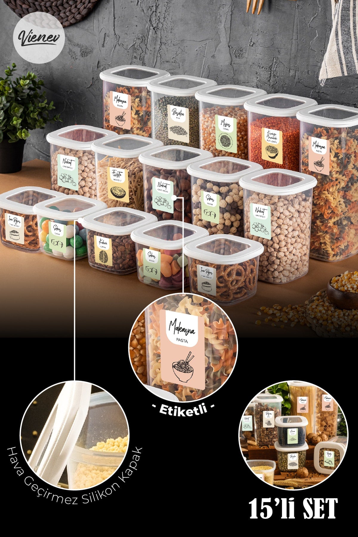 Renkli Etiketli Kare Erzak Saklama Kabı 15li Set 5x(0,55 Litre, 1,2 Litre, 1,75 Litre) Beyaz