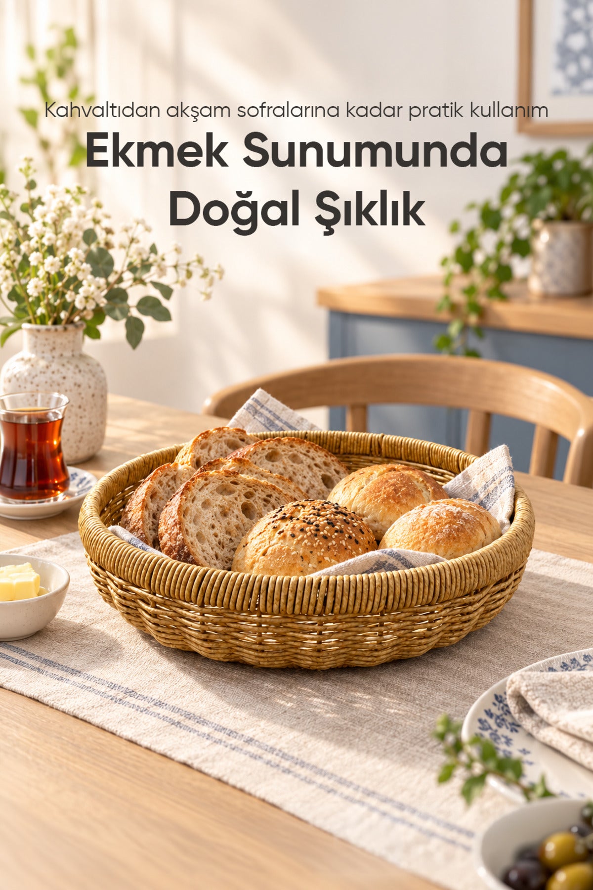 Yuvarlak Hasır Sepet Dekoratif Örgü Servis Sunum Ekmek Meyve Sepeti 31 cm Doğal Kahverengi Tasarım